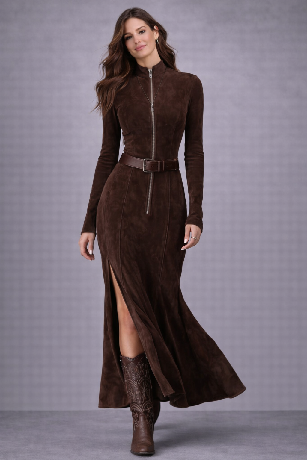 Almudena - Vestido largo marrón con cinturón