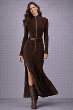 Almudena - Vestido largo marrón con cinturón