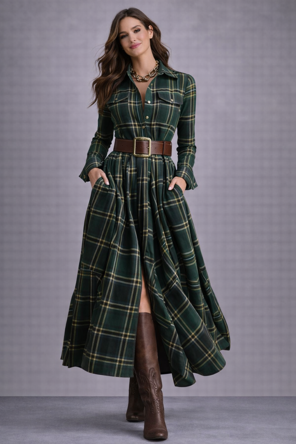 Mara  - Vestido largo de cuadros con cinturón