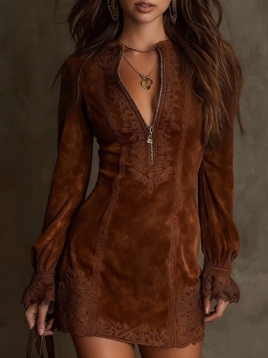 Amalia- Vestido mini vintage de ante con encaje