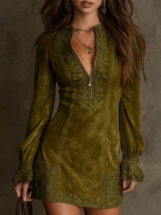 Amalia- Vestido mini vintage de ante con encaje